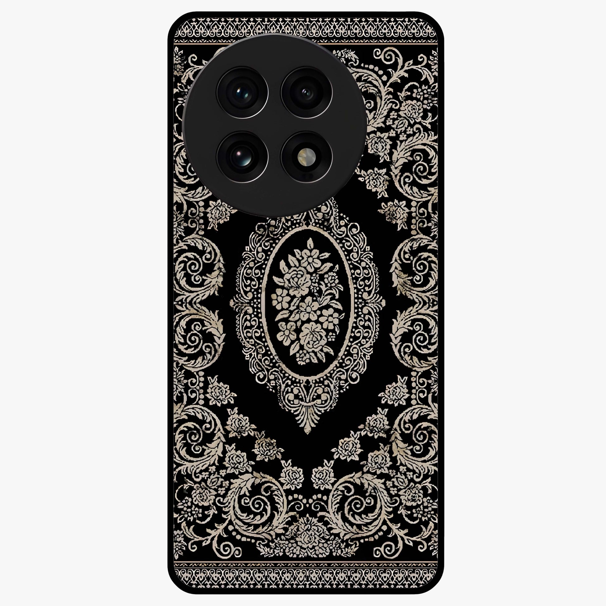 Noir Bloom Elegance Glass Case for 1+13R elegant front view featuring dark floral artwork in noir tones