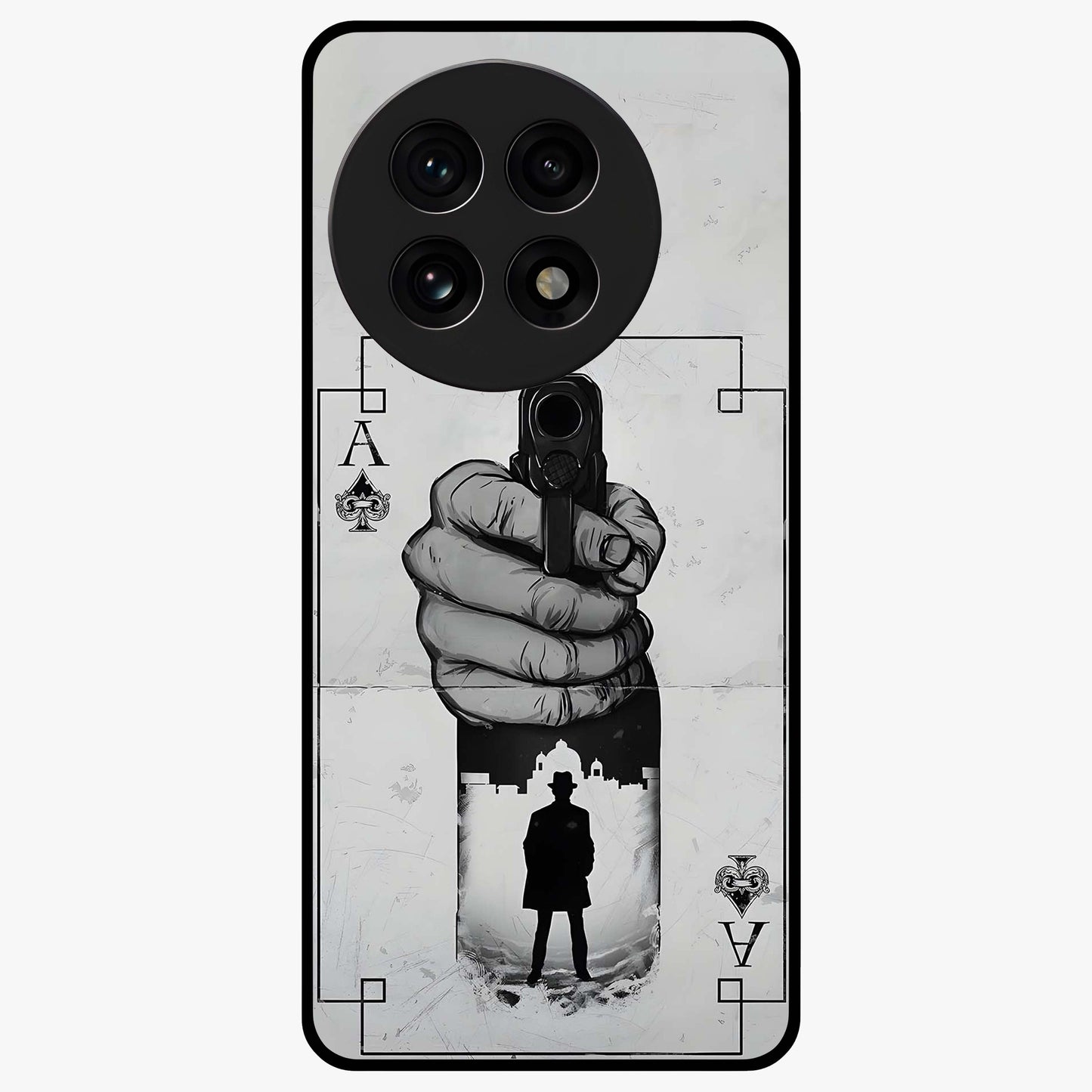 Noir Trigger Fate Glass Case for 1+13R dramatic front view featuring bold noir themed artistic artwork