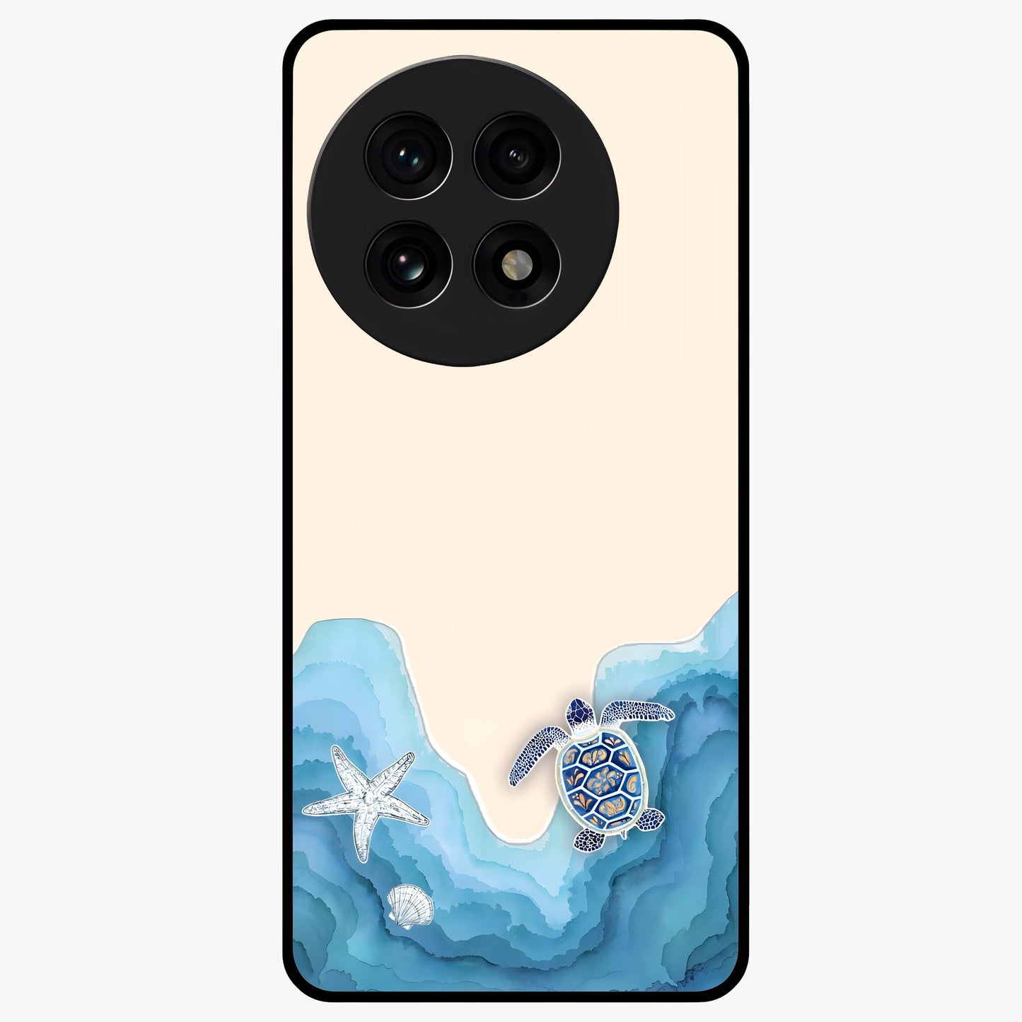 Ocean Drift Turtle Glass Case for 1+13R serene front view featuring sea turtle artwork in calming ocean tones