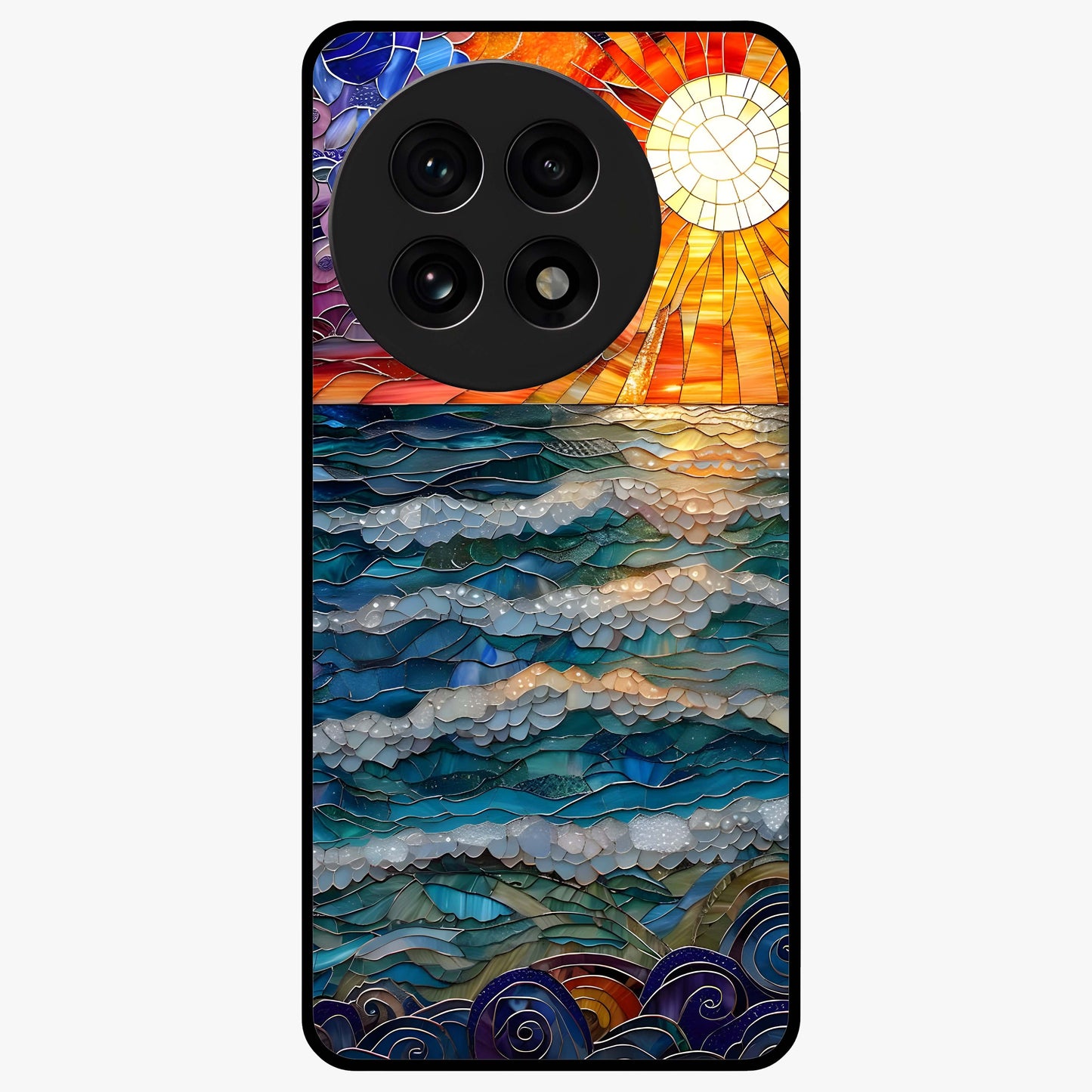 Oceanic Stained Printed Glass Case for 1+13R elegant front view featuring stained glass inspired ocean artwork