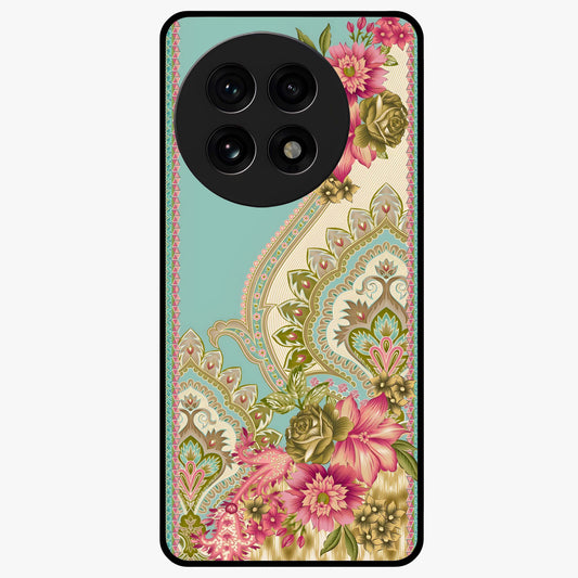 Ornate Mughal Floral Pattern Glass Case for 1+13R royal front view featuring intricate Mughal inspired floral artwork