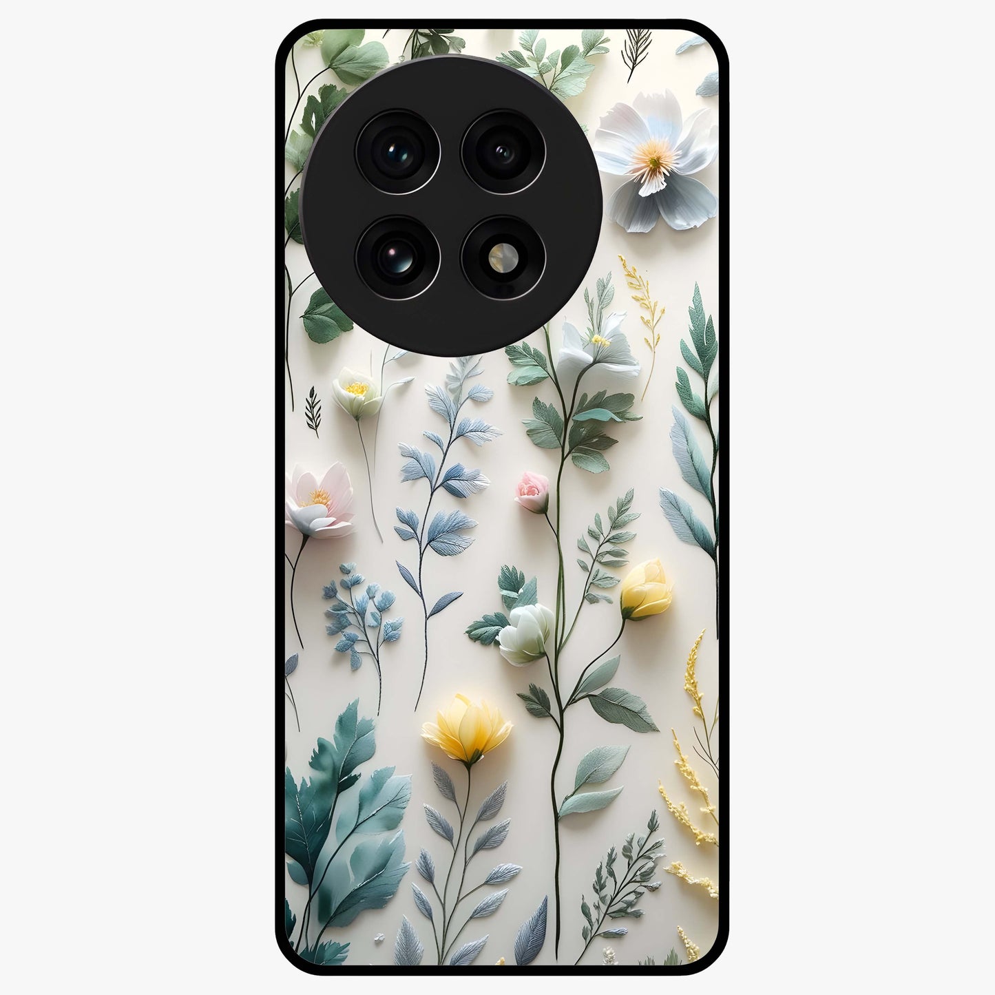 Pastel Garden Whispers Glass Case for 1+13R soft front view featuring delicate pastel floral artwork