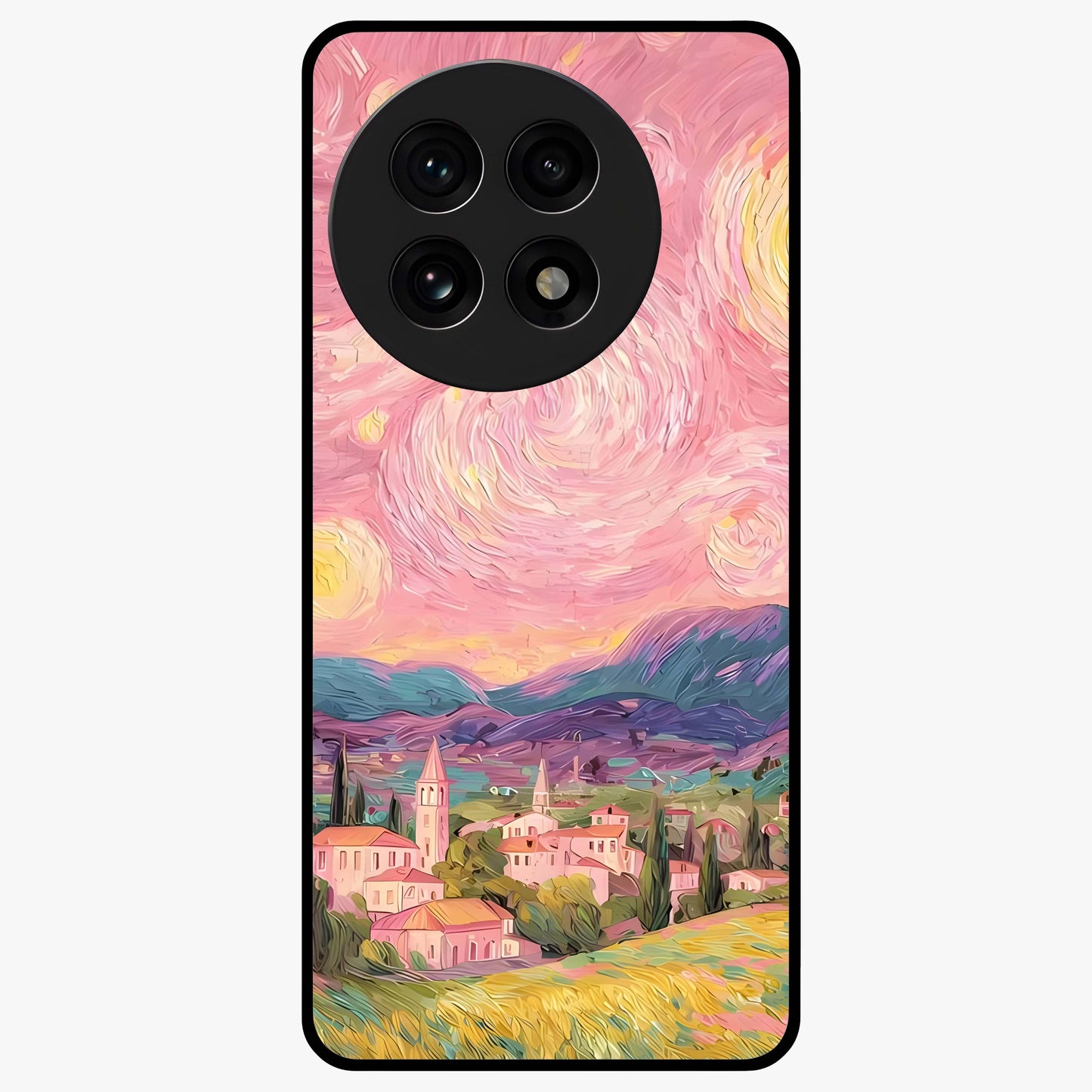 Pastel Starry Village Glass Case for 1+13R dreamy front view featuring village artwork under pastel night sky
