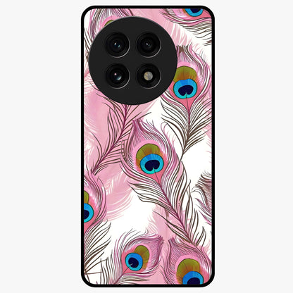 Peacock Feathers Floating Glass Case for 1+13R artistic front view featuring floating feather artwork with rich colors