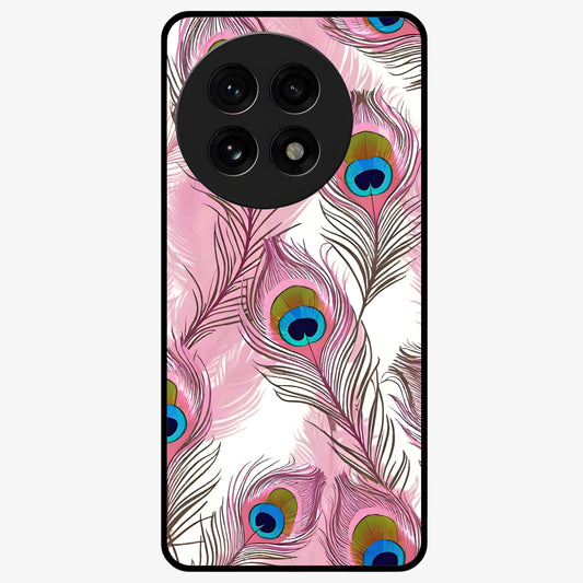 Peacock Feathers Floating Glass Case for 1+13R artistic front view featuring floating feather artwork with rich colors