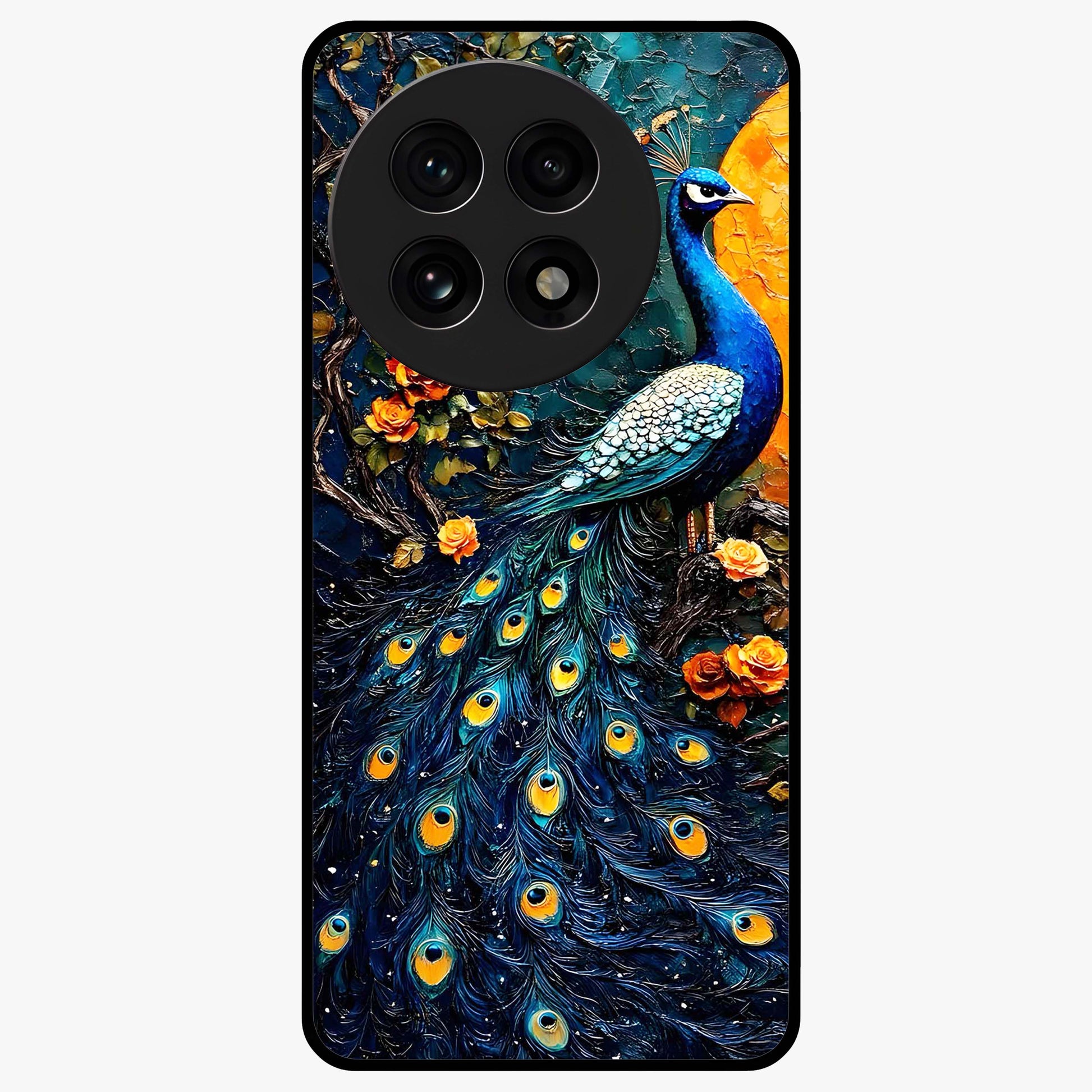 Peacock With Yellow Moon Glass Case for 1+13R striking front view featuring peacock artwork under glowing yellow moon