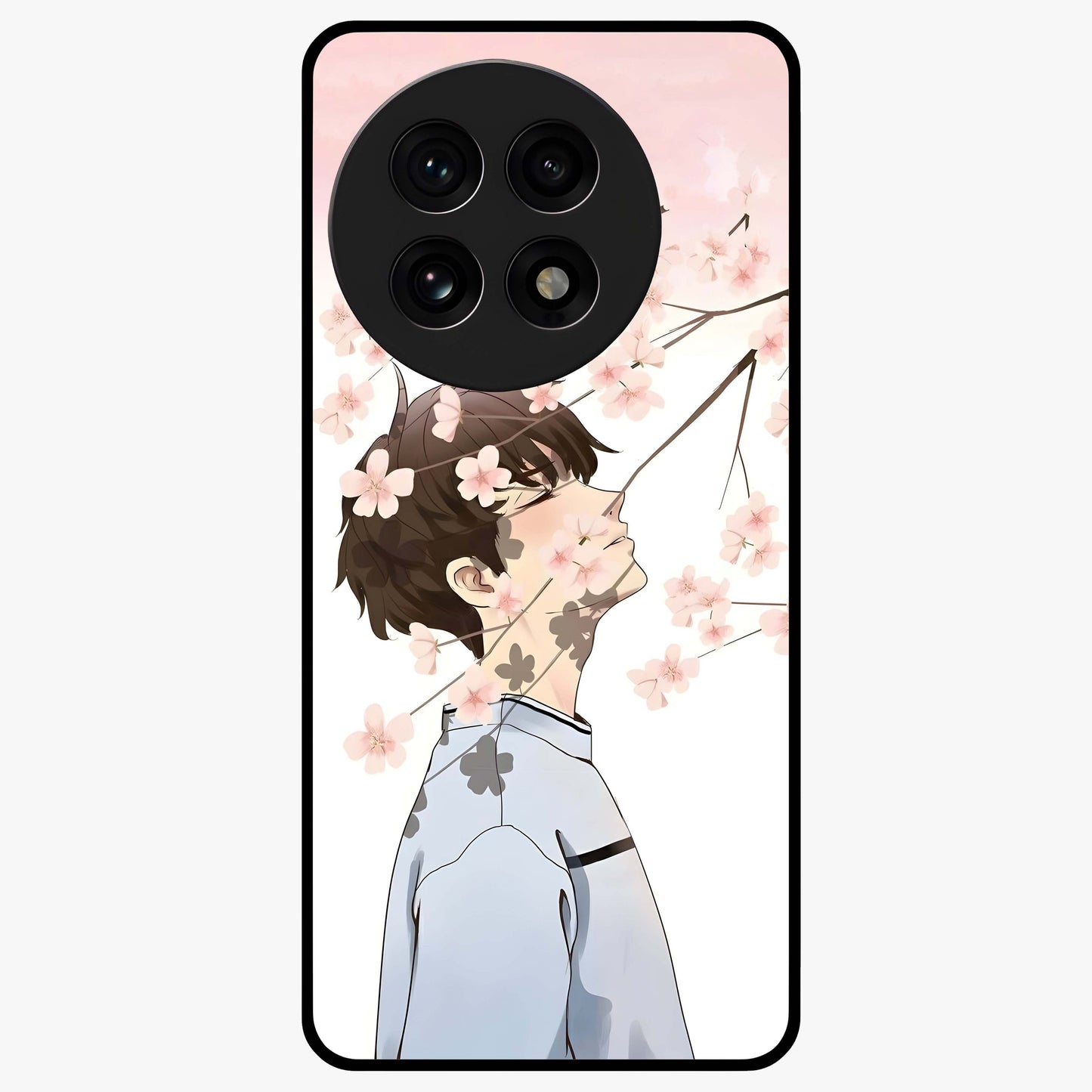 Pink Blossom Boy Glass Case for 1+13R aesthetic front view featuring illustrated character with pink floral accents