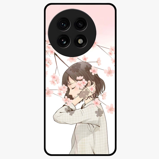 Pink Blossom Girl Glass Case for 1+13R charming front view featuring illustrated girl with pink blossom artwork