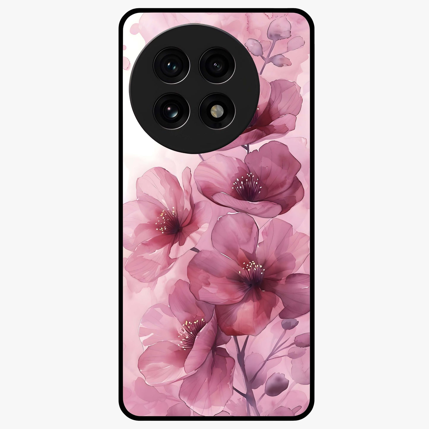 Pink Floral Glass Case for 1+13R elegant front view featuring soft pink flower artwork