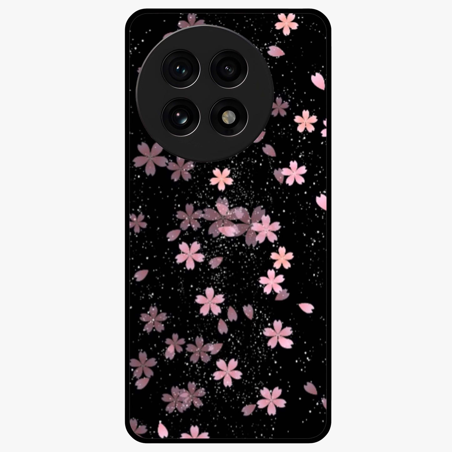 Pink Flower Black Background Glass Case for 1+13R striking front view featuring vibrant pink flower on dark backdrop