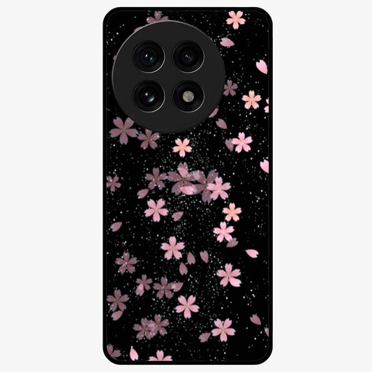Pink Flower Black Background Glass Case for 1+13R striking front view featuring vibrant pink flower on dark backdrop