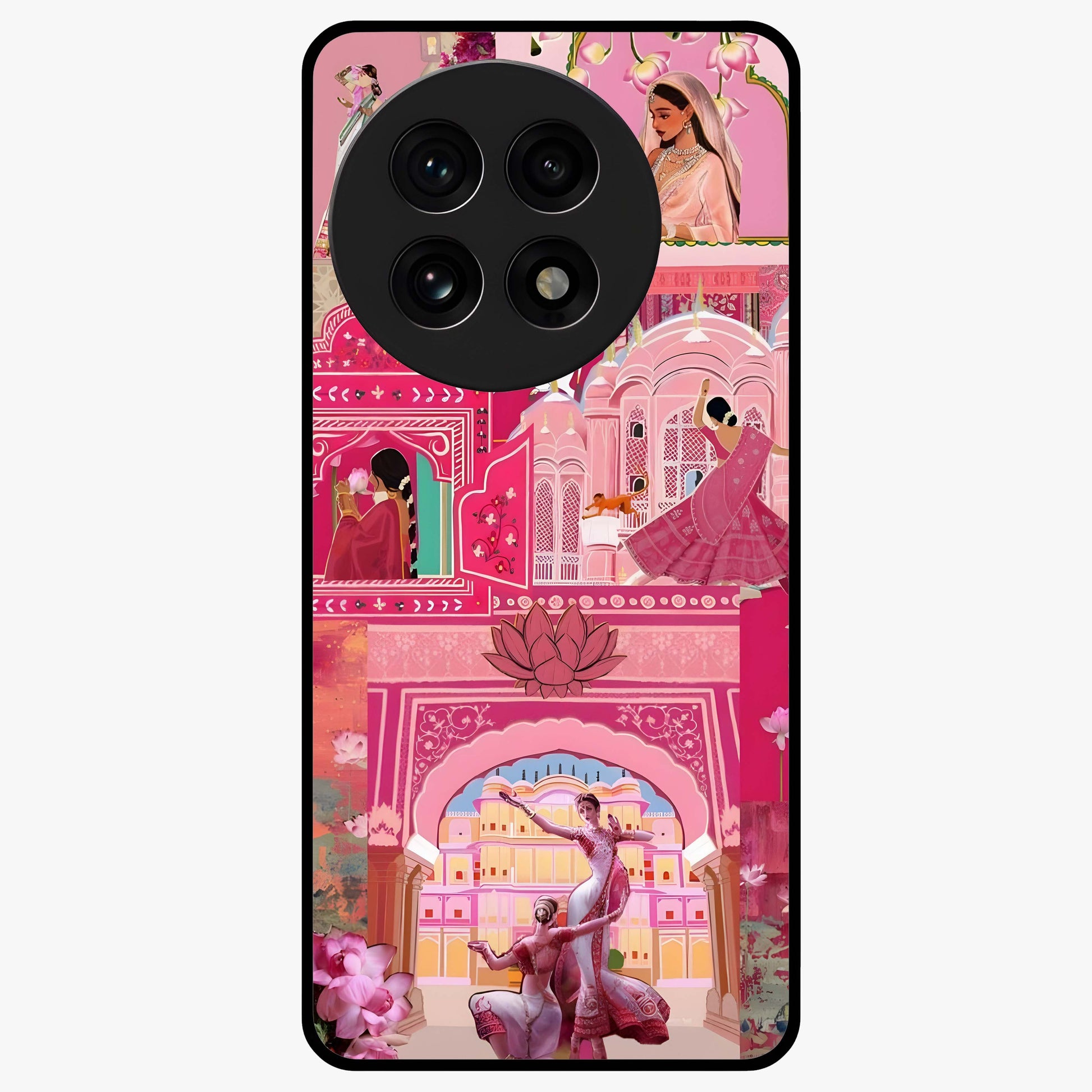 Pink Palace Muse Glass Case for 1+13R elegant front view featuring palace inspired artwork in soft pink hues