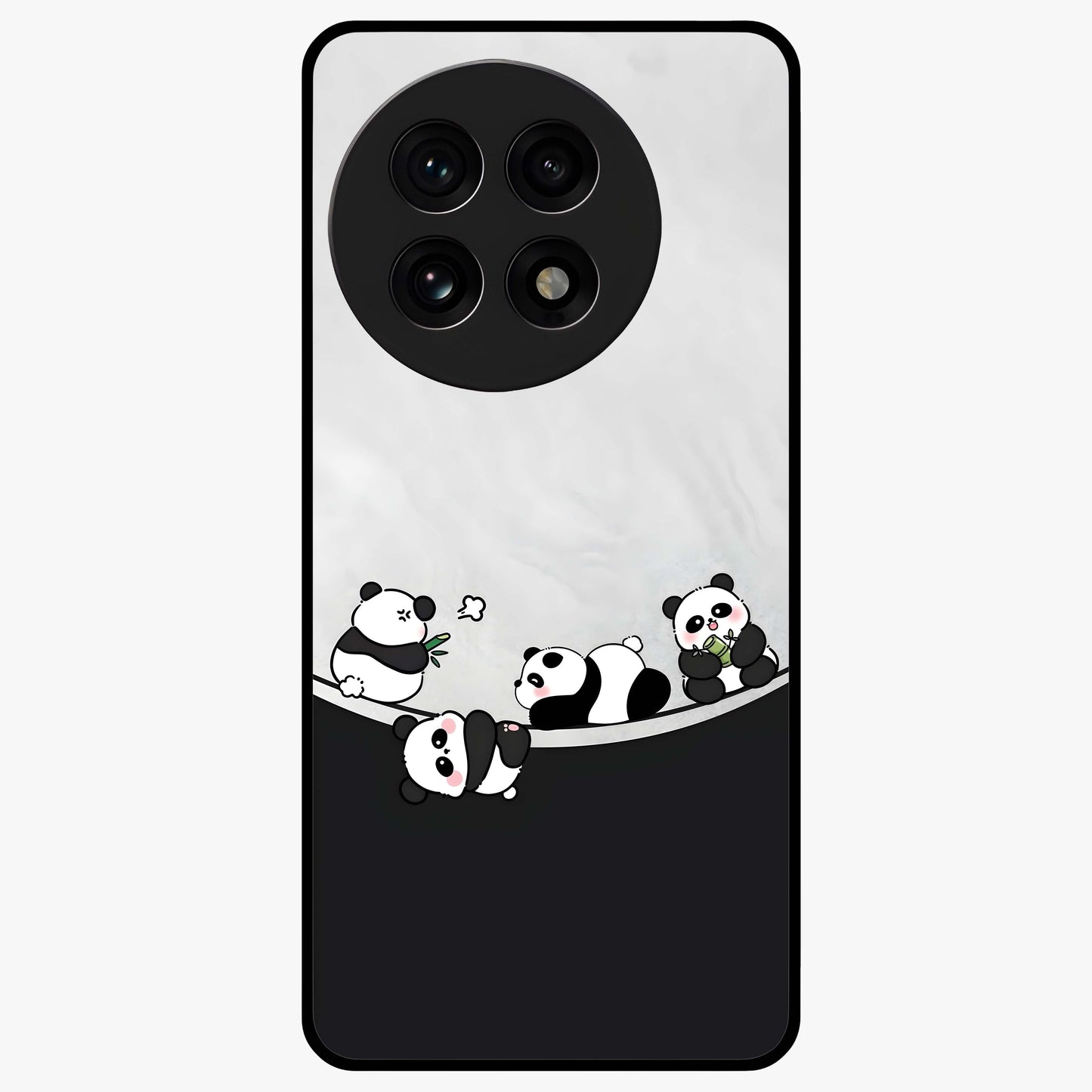 Playful Panda Parade Glass Case for 1+13R adorable front view featuring cute panda artwork in lively poses