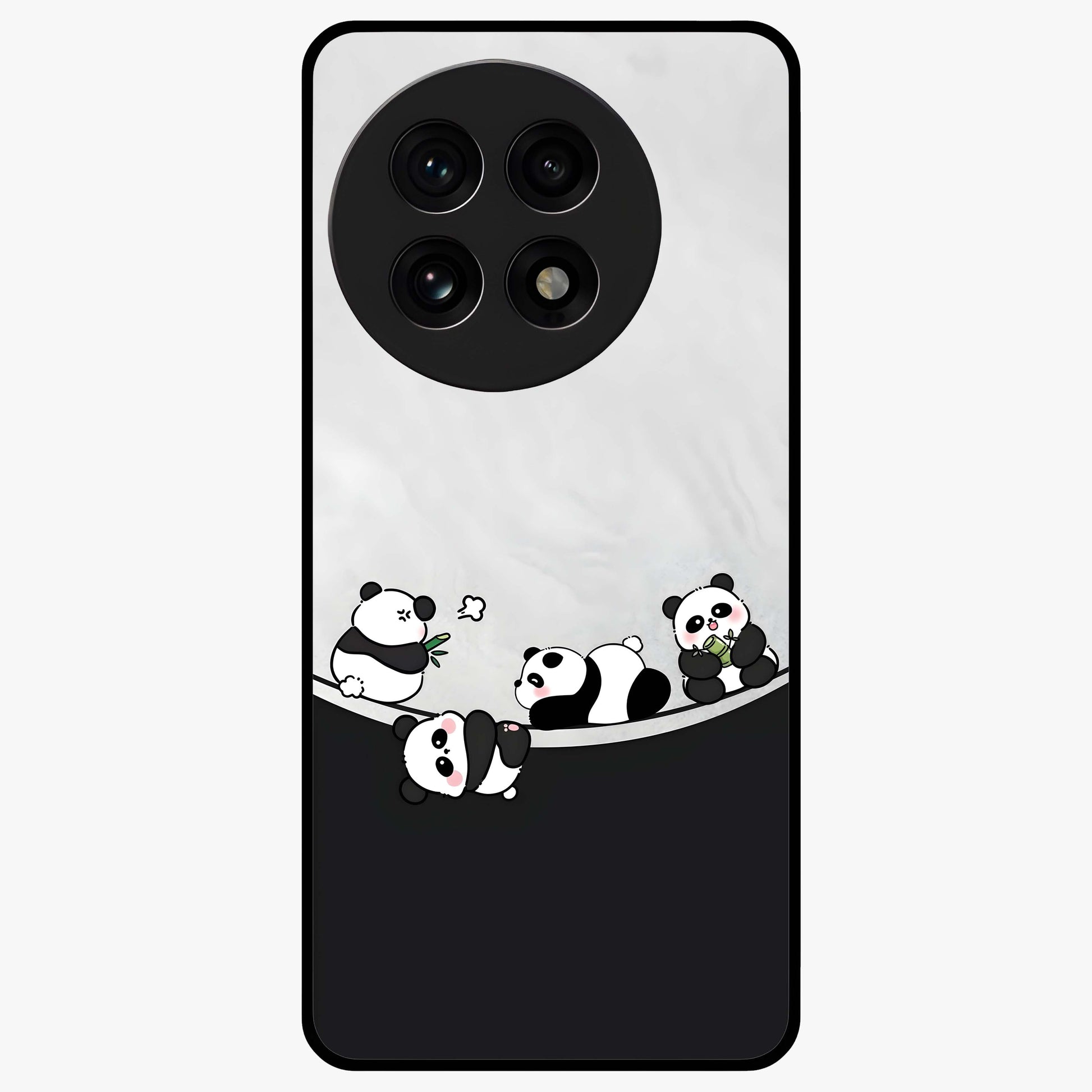 Playful Panda Parade Glass Case for 1+13R adorable front view featuring cute panda artwork in lively poses
