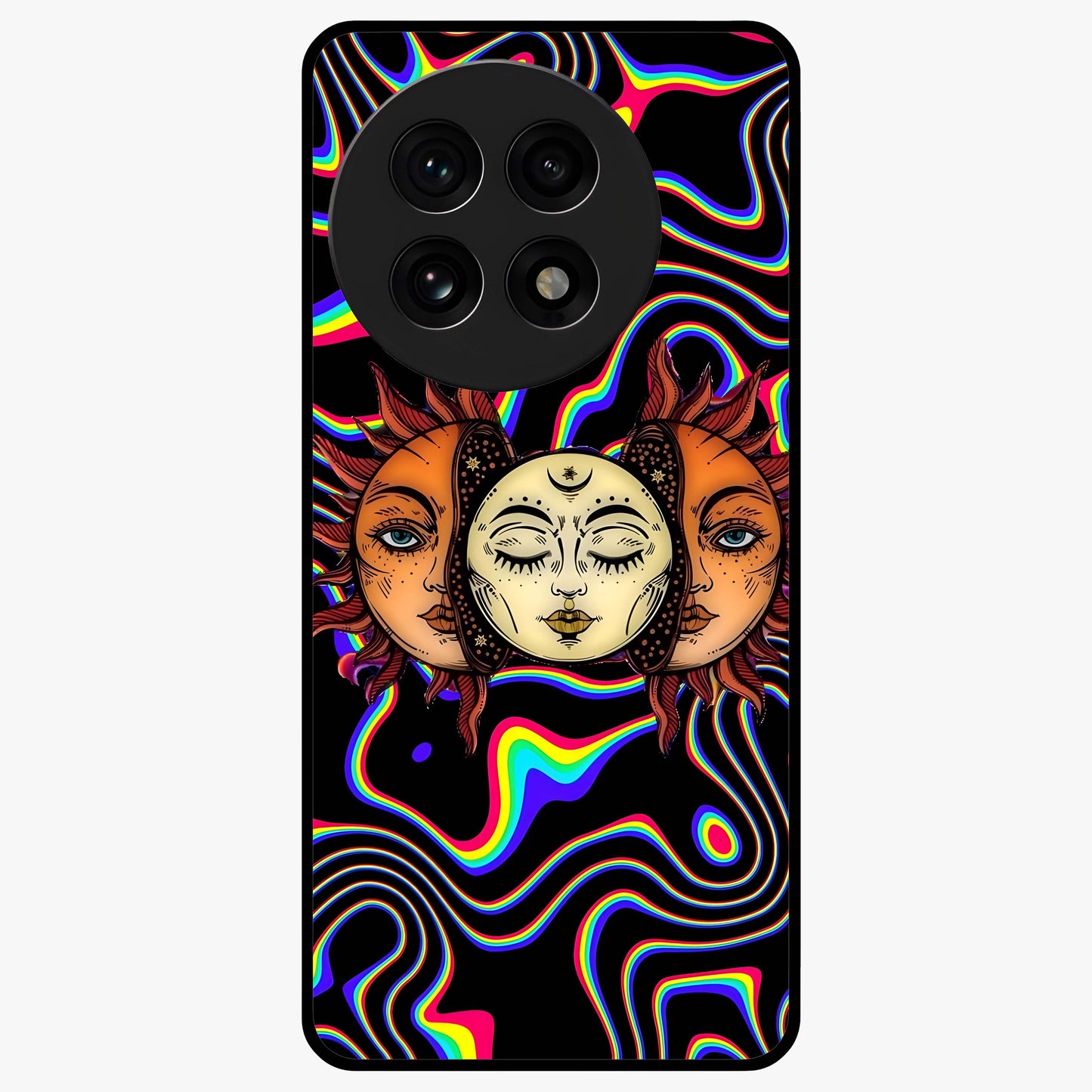 Psychedelic Sun Glass Case for 1+13R artistic front view featuring vibrant sun artwork in psychedelic colors