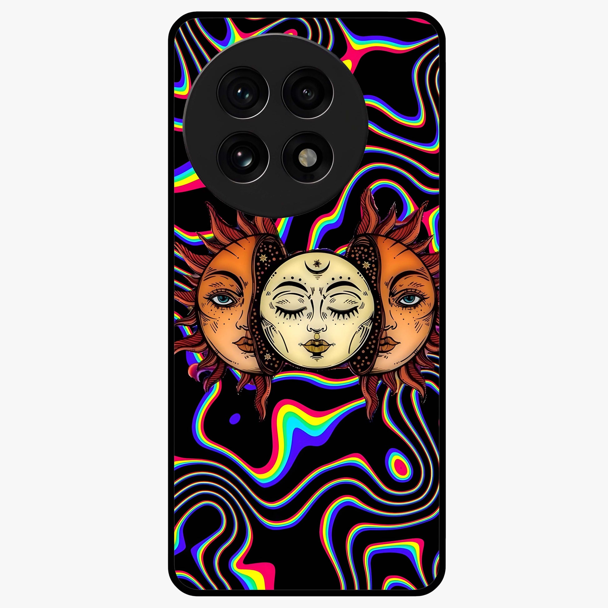 Psychedelic Sun Glass Case for 1+13R artistic front view featuring vibrant sun artwork in psychedelic colors