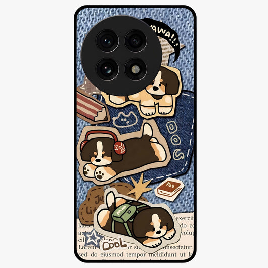 Puppy Sticker Parade Glass Case for 1+13R playful front view featuring multiple puppy sticker style artwork