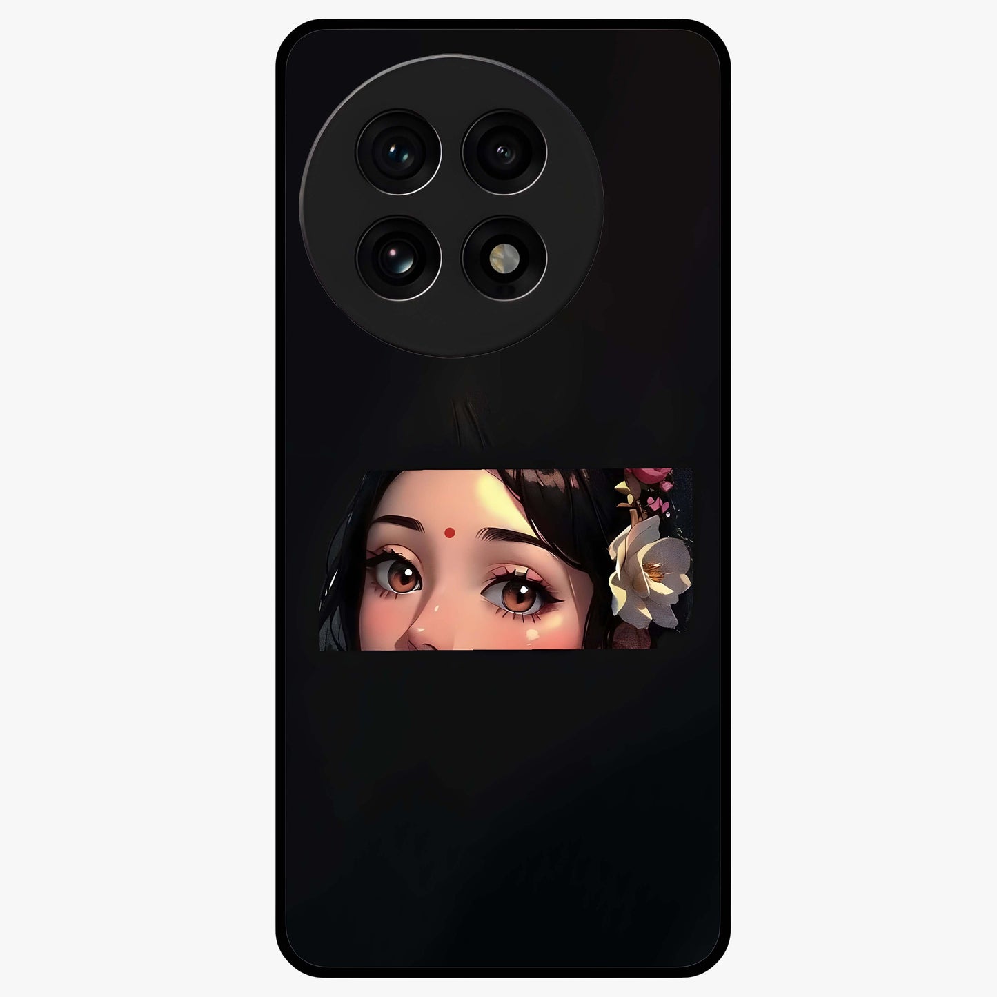 Radha Divine Embrace Glass Case for 1+13R devotional front view featuring graceful Radha inspired artwork