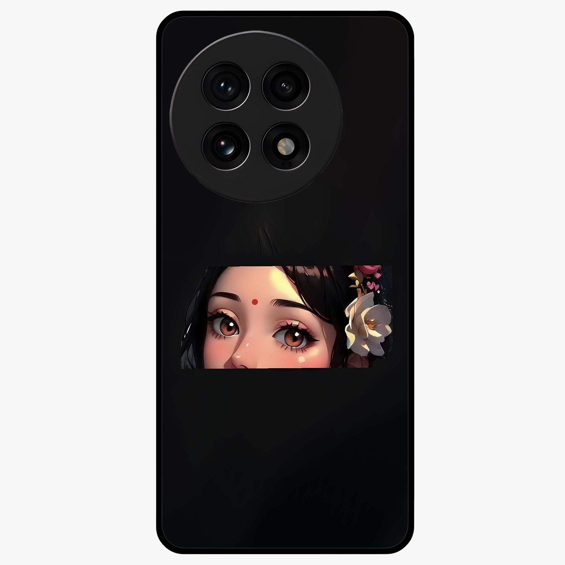 Radha Divine Embrace Glass Case for 1+13R devotional front view featuring graceful Radha inspired artwork
