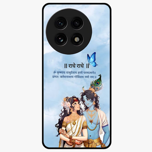 Radha Krishna Eternal Glass Case for 1+13R serene front view featuring timeless Radha Krishna devotional artwork
