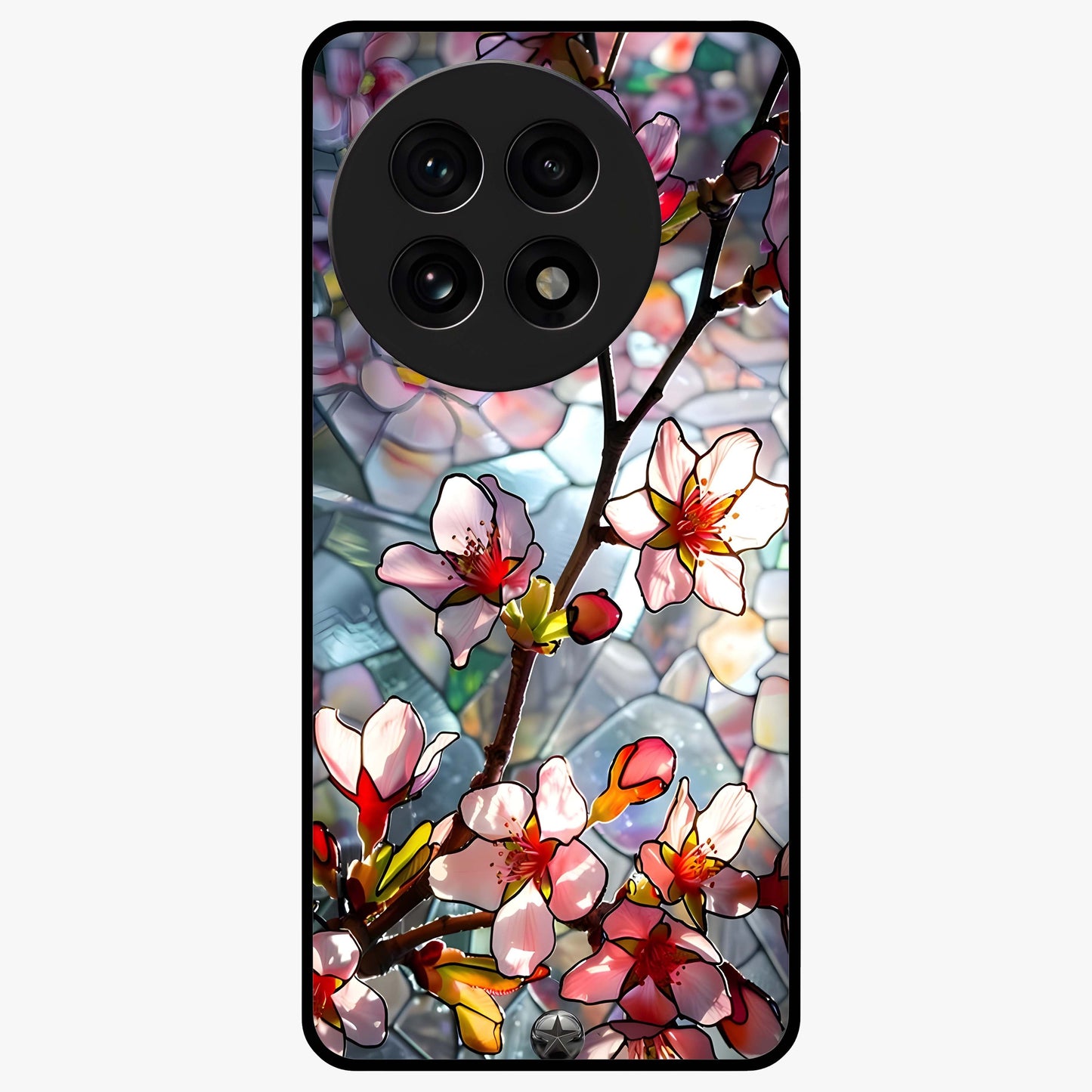 Radiant Bloom Glow Glass Case for 1+13R vibrant front view featuring glowing floral artwork in warm tones