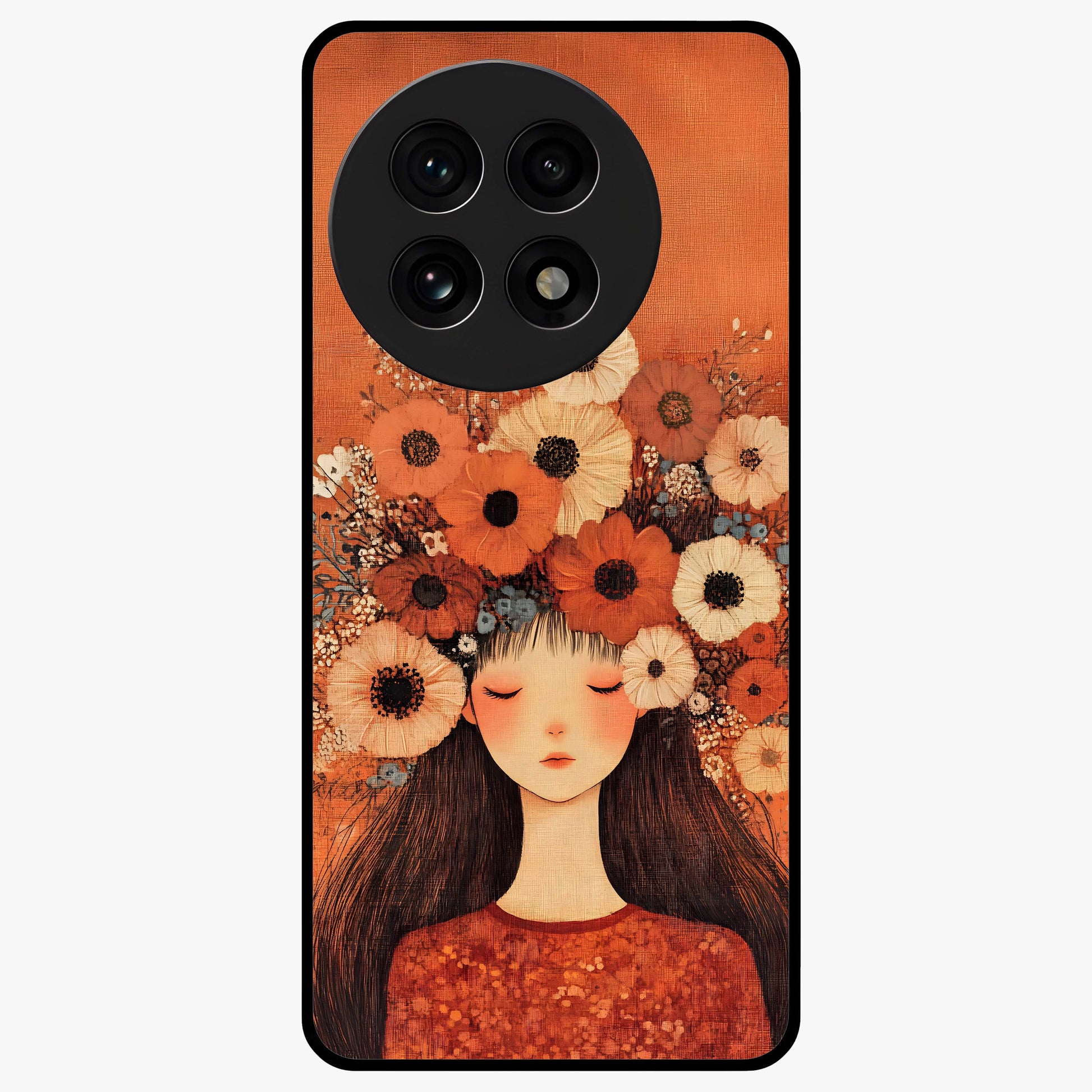 Radiant Flower Thoughts Glass Case for 1+13R soft front view featuring delicate floral artwork with artistic vibe