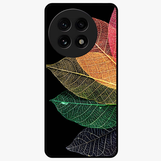 Rainbow Leaf Glow Glass Case for 1+13R colorful front view featuring vibrant leaf artwork with glowing effect