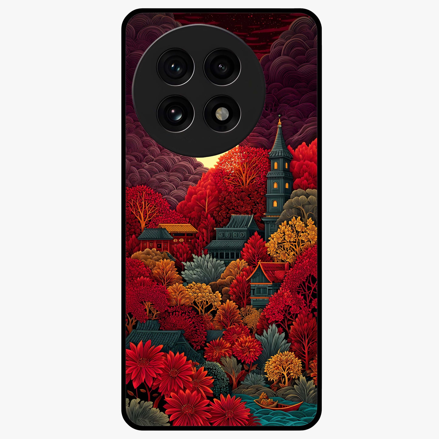 Red Scenery Hot Glass Case for 1+13R dramatic front view featuring bold red landscape artwork