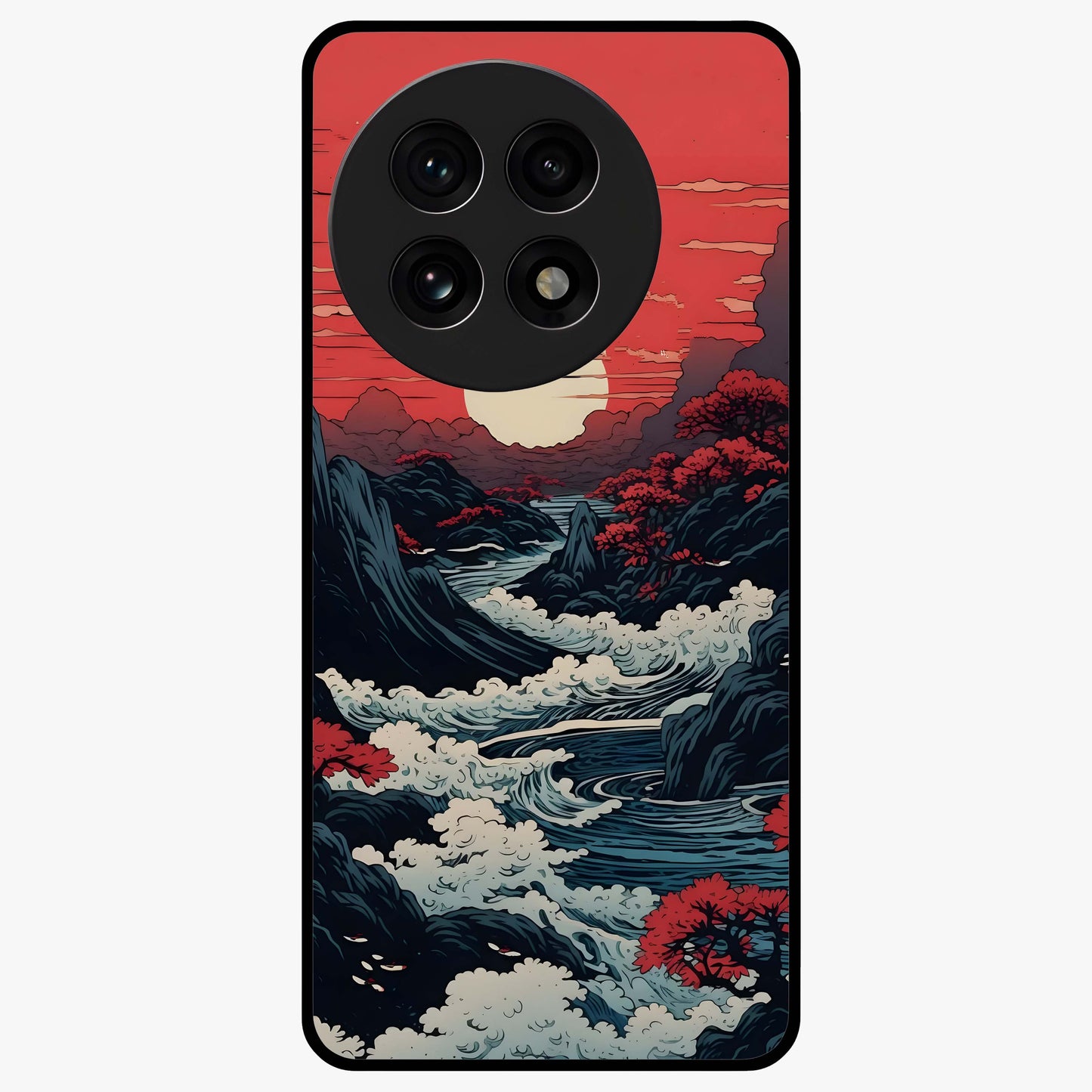 Red Sunset Scenery Glass Case for 1+13R scenic front view featuring warm sunset landscape artwork