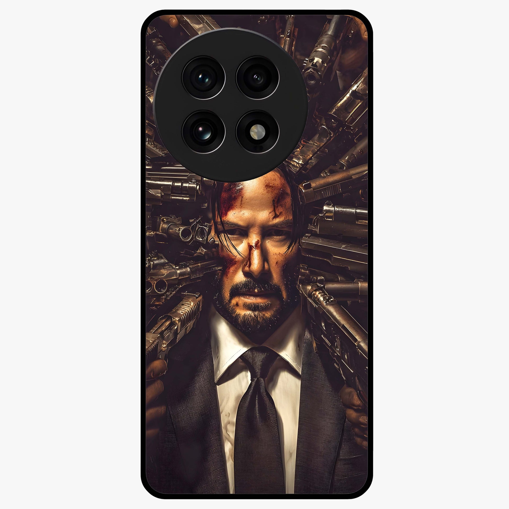 Relentless Shadow Assassin Glass Case for 1+13R intense front view featuring dark warrior inspired artwork