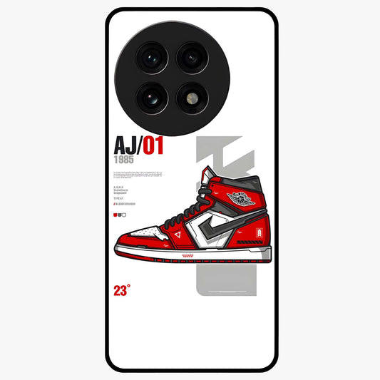 Retro Sneaker Blueprint Glass Case for 1+13R bold front view featuring sneaker blueprint style artwork