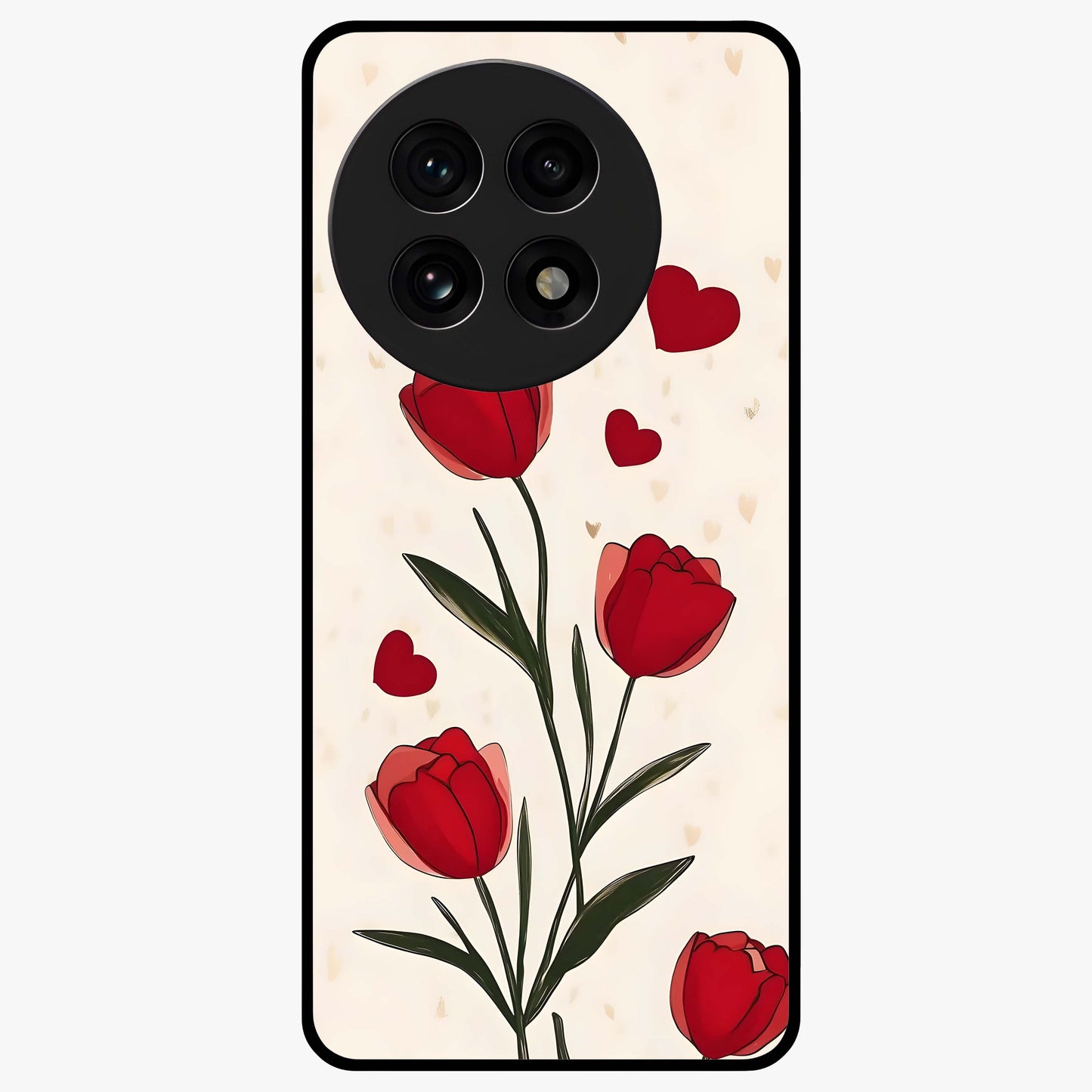 Romantic Tulip Hearts Glass Case for 1+13R sweet front view featuring tulip floral artwork with heart accents