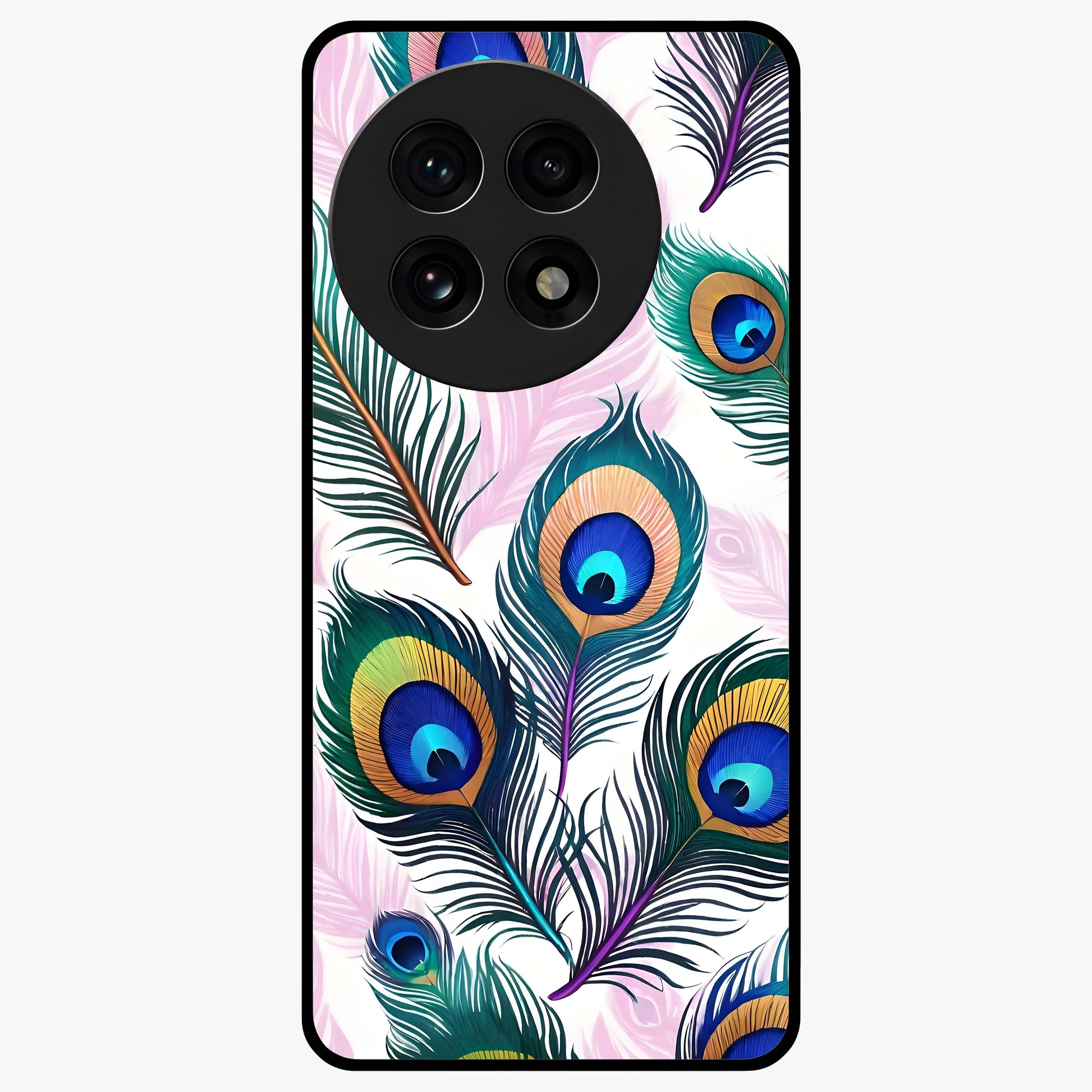 Royal Peacock Feathers Glass Case for 1+13R vibrant front view featuring detailed peacock feather artwork