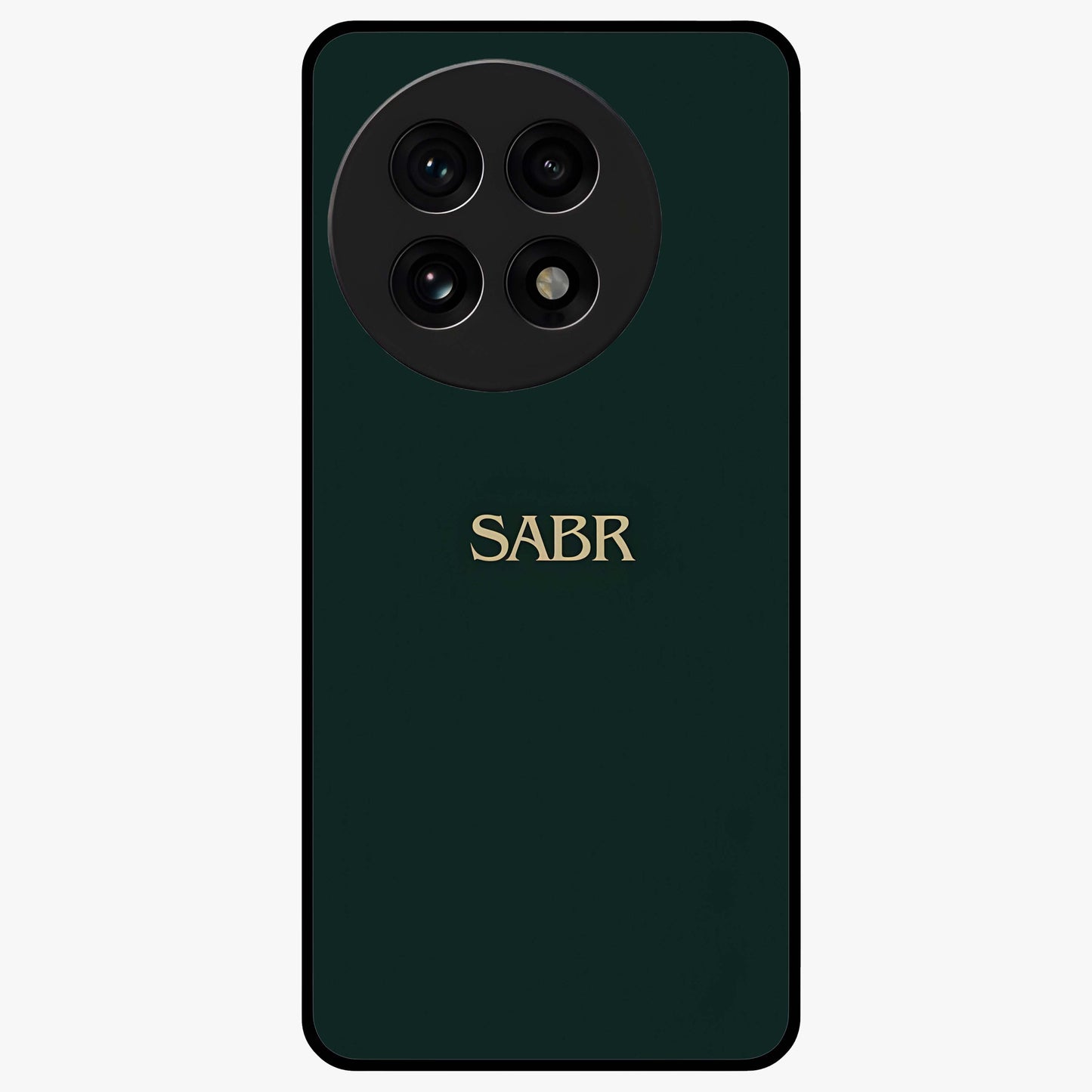Sabr Minimal Patience Glass Case for 1+13R clean front view featuring minimalist typography artwork
