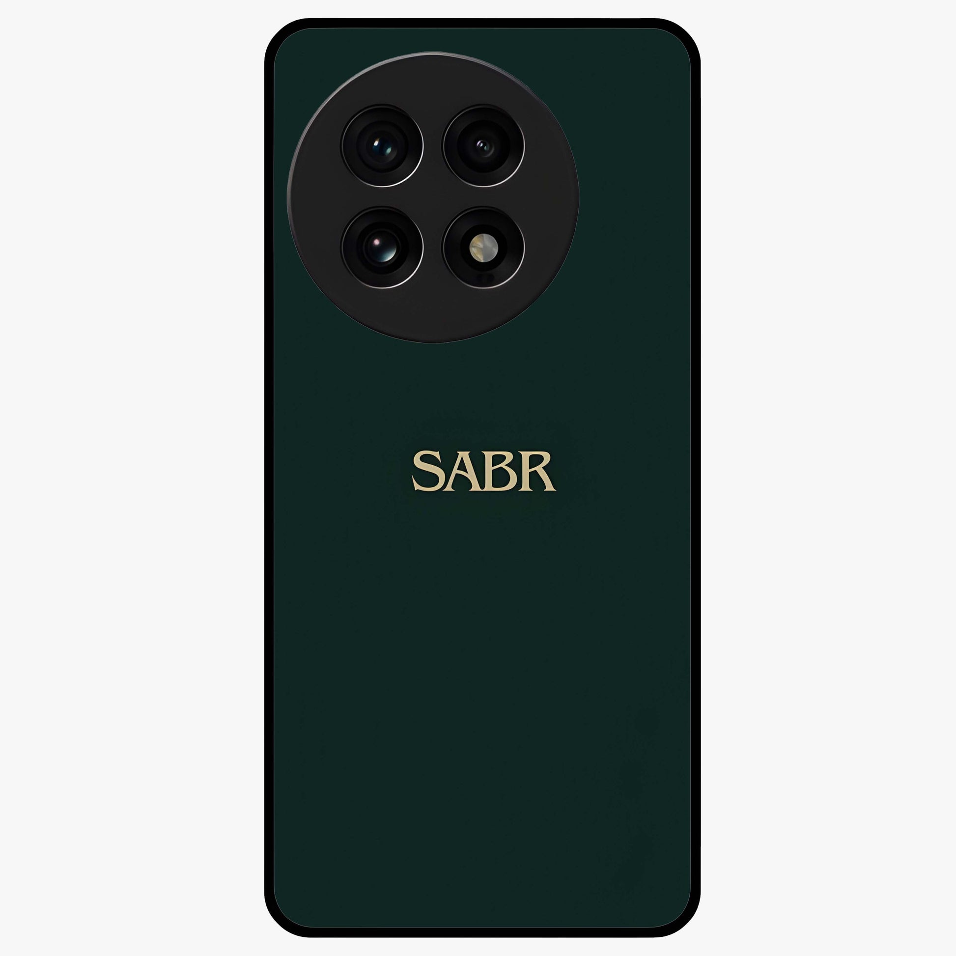 Sabr Minimal Patience Glass Case for 1+13R clean front view featuring minimalist typography artwork