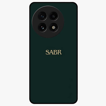 Sabr Minimal Patience Glass Case for 1+13R clean front view featuring minimalist typography artwork