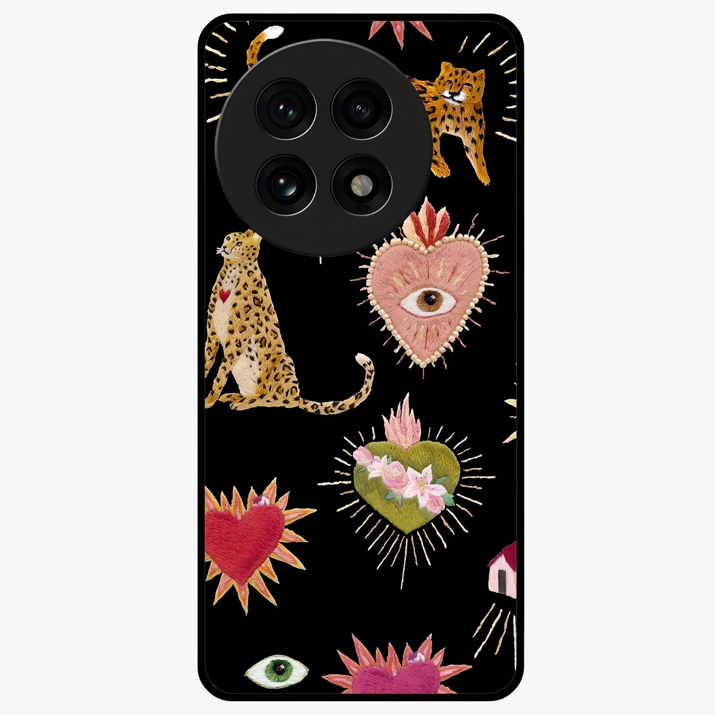 Sacred Jungle Heart Glass Case for 1+13R vibrant front view featuring jungle inspired artwork with symbolic heart accents