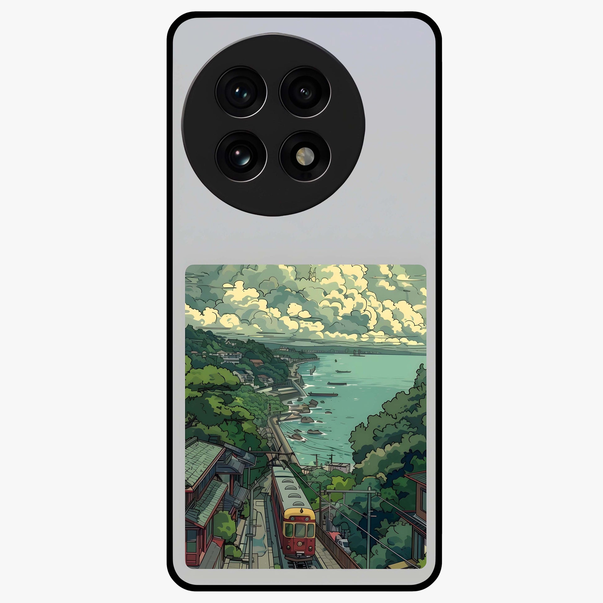 Seaside Train Ride Glass Case for 1+13R scenic front view featuring coastal train landscape artwork