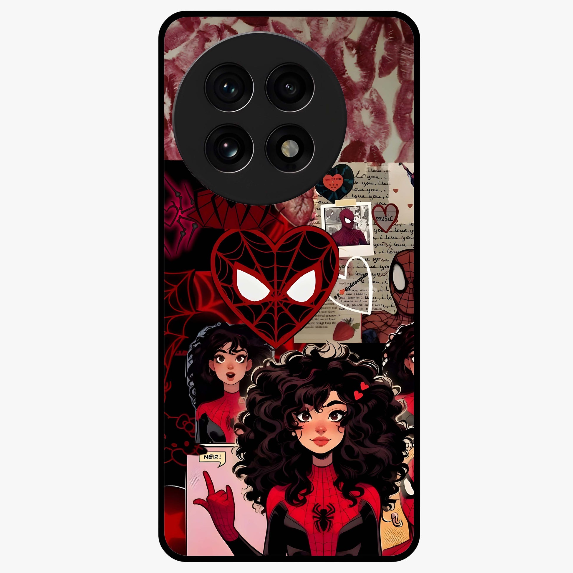 Spider Love Story Glass Case for 1+13R bold front view featuring superhero inspired romantic artwork