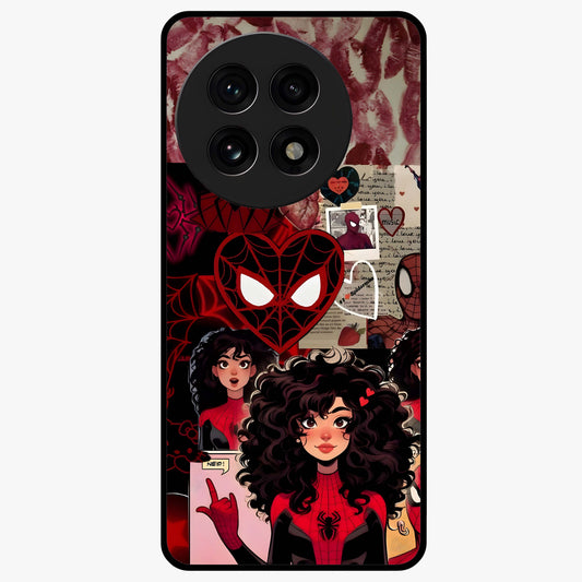 Spider Love Story Glass Case for 1+13R bold front view featuring superhero inspired romantic artwork