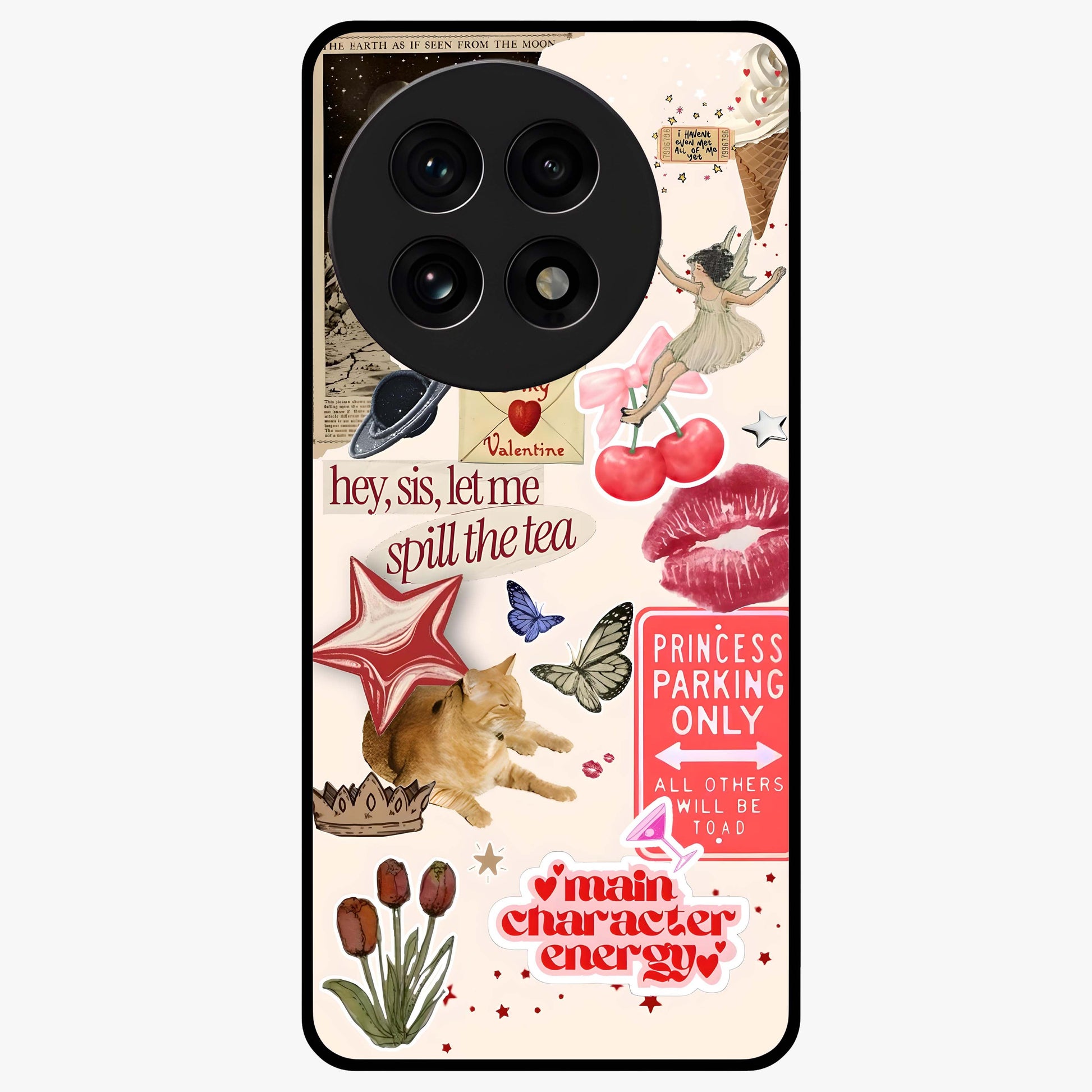 Spill the Tea Retro Collage Glass Case for 1+13R playful front view featuring vintage style collage artwork