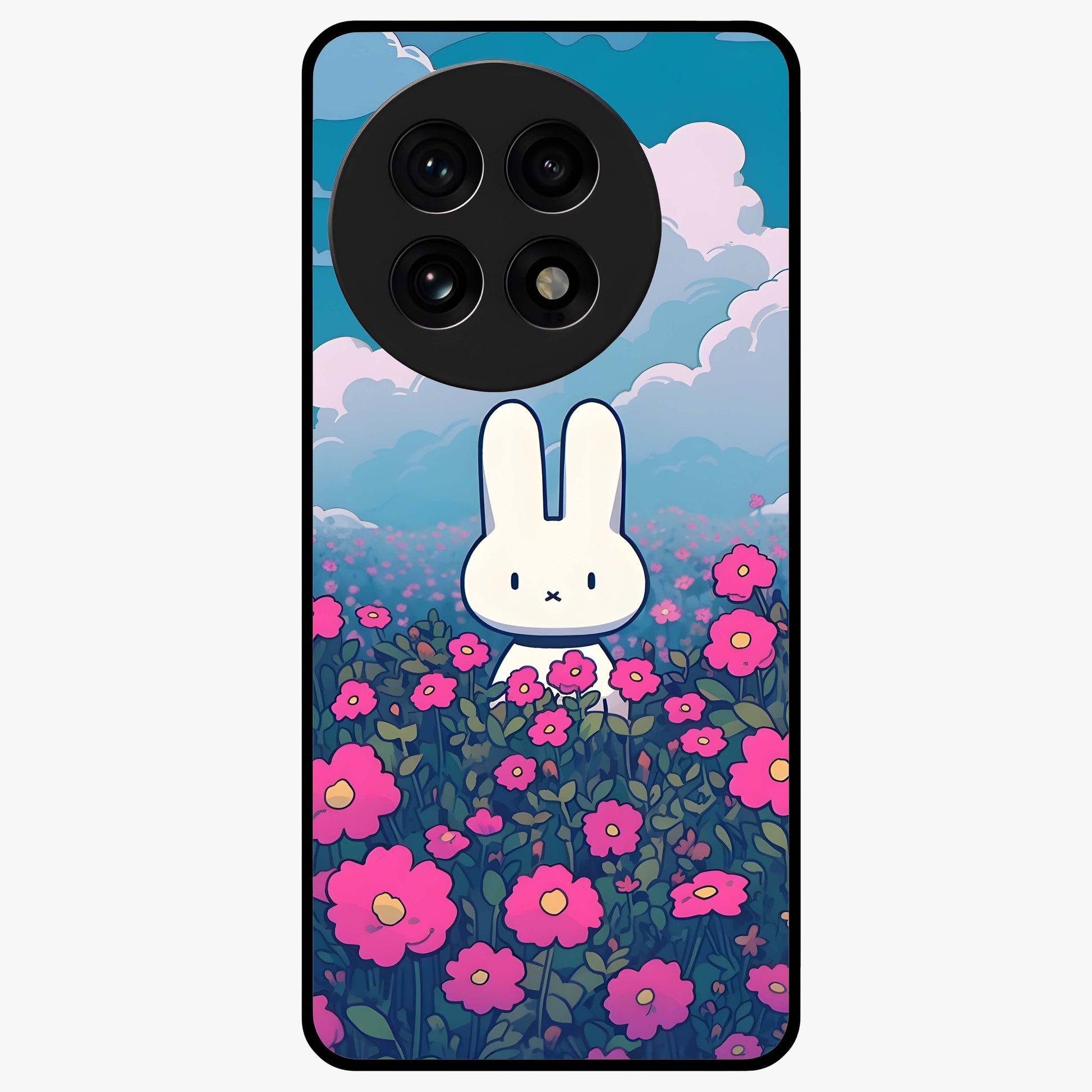 Springtime Blossom Bunny Glass Case for 1+13R adorable front view featuring bunny artwork with spring floral accents