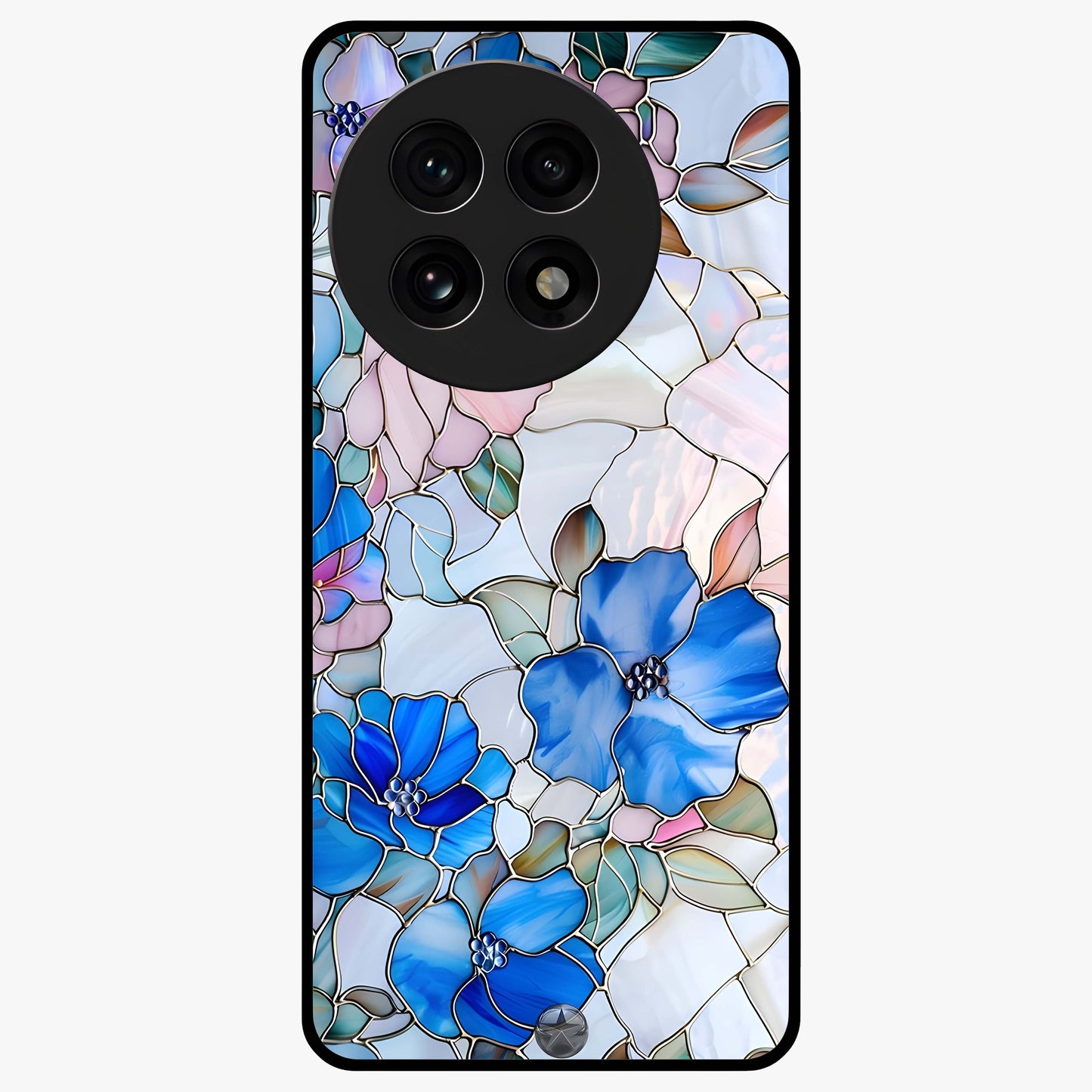 Stained Blue Floral Glass Case for 1+13R elegant front view featuring blue stained glass inspired floral artwork
