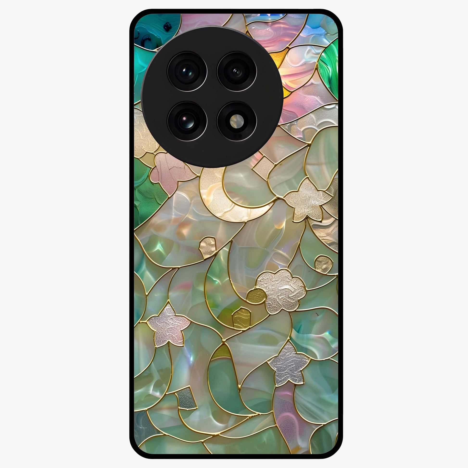 Stained Sunrise Glow Glass Case for 1+13R radiant front view featuring sunrise inspired stained glass artwork