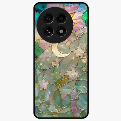 Stained Sunrise Glow Glass Case for 1+13R radiant front view featuring sunrise inspired stained glass artwork