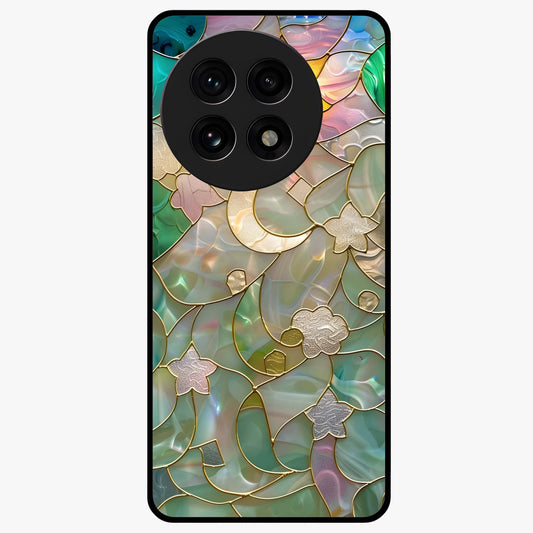 Stained Sunrise Glow Glass Case for 1+13R radiant front view featuring sunrise inspired stained glass artwork