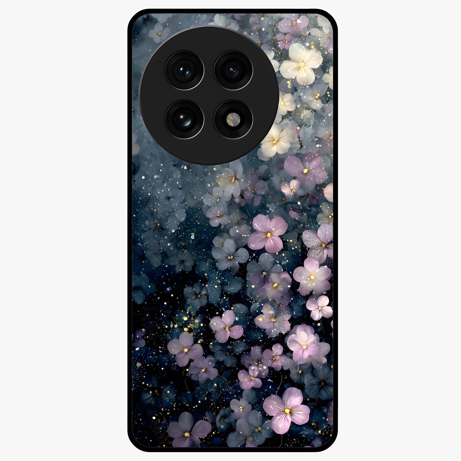 Starlit Blossom Dreams Glass Case for 1+13R dreamy front view featuring floral artwork under sparkling night sky