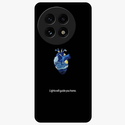 Starry Heart Compass Glass Case for 1+13R artistic front view featuring heart shaped compass artwork with star details