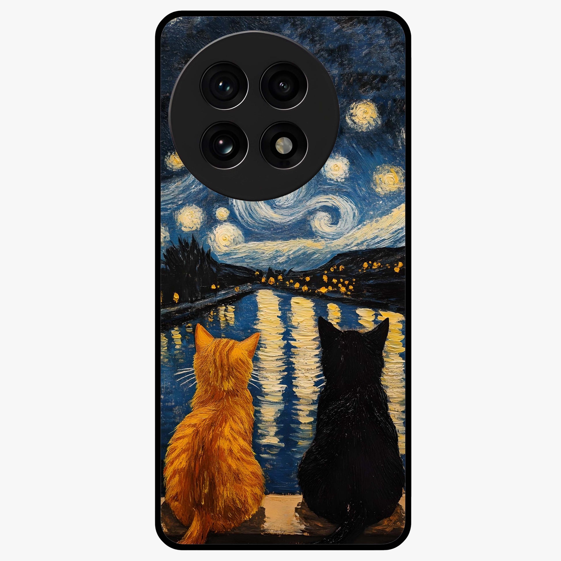 Starry River Cats Glass Case for 1+13R artistic front view featuring cats by a glowing river under starry sky