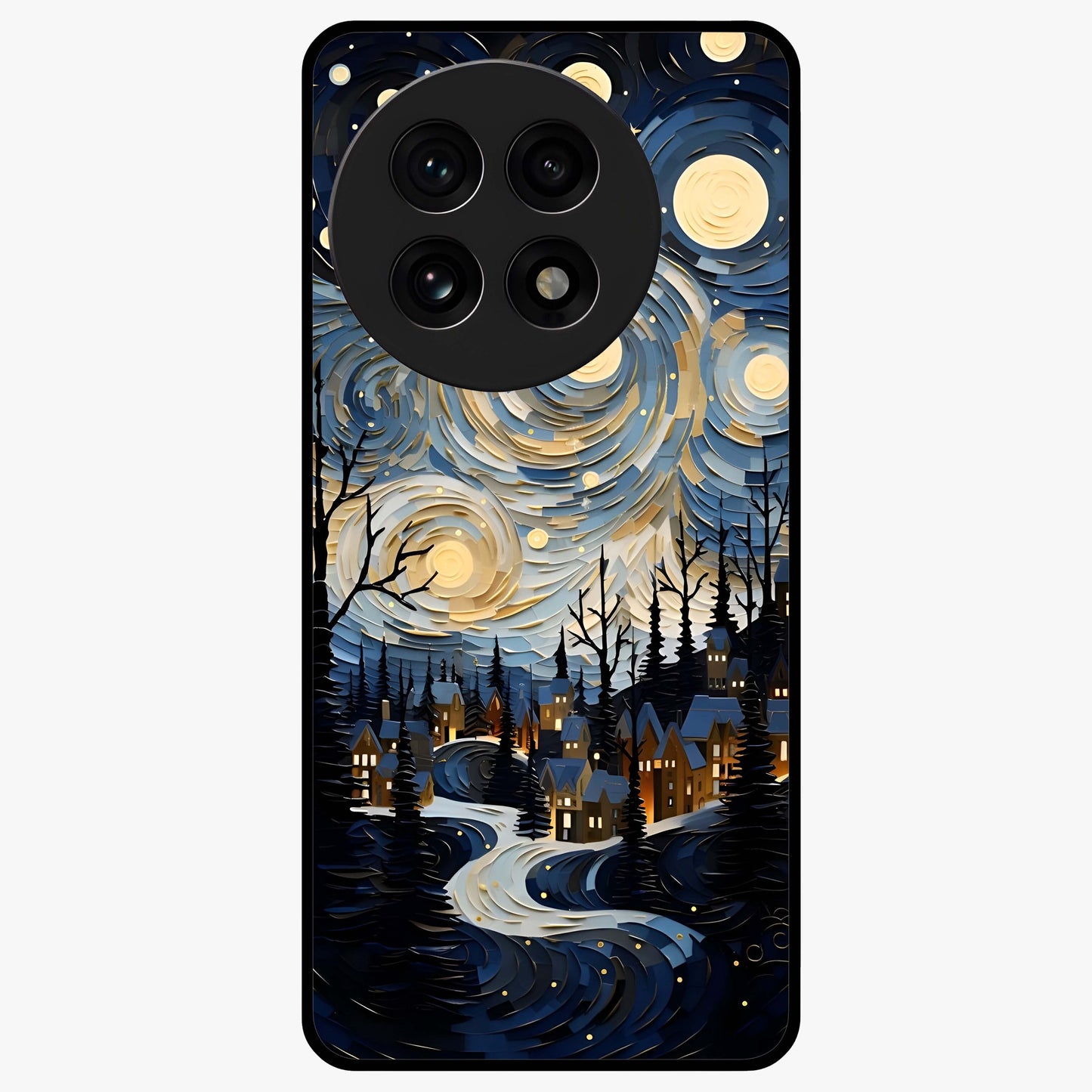 Starry Winter Town Glass Case for 1+13R scenic front view featuring snowy town artwork under sparkling night sky